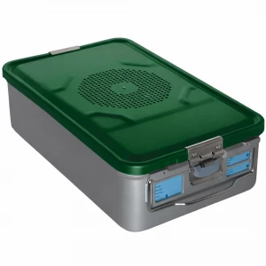 Container sterilizare, capac verde perforat, capac de siguranta, baza neperforata,  465x280x150mm