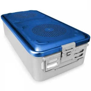 Container sterilizare, capac albastru perforat, capac de siguranta, baza neperforata,  580x280x260mm