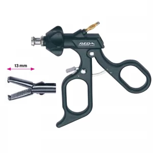 Pensa de prehensiune, actiune dubla, atraumatica, maner ergonomic uni cu clichet, buton on/off, cu HF, pivotant, demontabil, 2x4 dinti, falci 13mm, D5mm, L330mm 