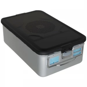 Container sterilizare, capac negru perforat, capac de siguranta, baza neperforata,  465x280x150mm