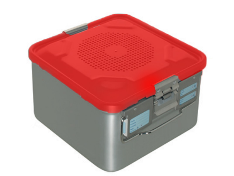 Container sterilizare, capac perforat rosu, capac de siguranta, baza neperforata  285x280x150mm