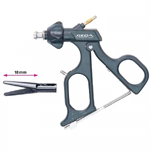 Pensa de prehensiune, actiune dubla, zimtata, varf conic, maner ergonomic uni cu clichet, maneta on/off, cu HF, pivotant, demontabil, falci 18mm, D5mm, L330mm 