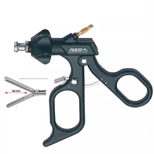 Clema DEBAKEY, actiune dubla, maner ergonomic uni cu clichet, buton on/off, cu HF, pivotant, demontabil, falci 28mm, D5mm, L330mm 