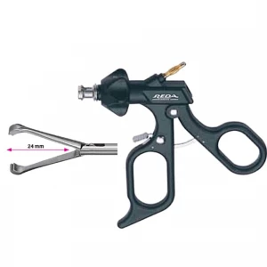 Pensa de prehensiune DEBAKEY, actiune dubla, dinti distali, maner ergonomic uni cu clichet, buton on/off, cu HF, pivotant, demontabil, falci 24mm, D5mm, L330mm 